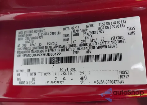 2017 Ford Escape Titanium from USA, damaged, VIN 1FMCU0J9XHUE86122